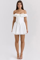 white cotton off shoulder corset mini dress