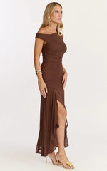 Judee Midi Dress - One Shoulder High Side Split Dress in Chocolate