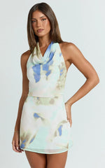 Elouise Mini Dress - Halter Cowl Neck Dress in Aquamarine Floral Print
