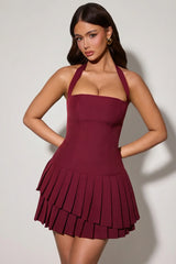 Asymmetric Layered Halterneck Mini Dress in Wine Red