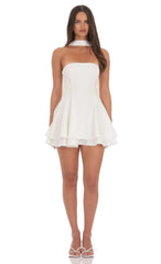 Satin Scarf Strapless Dress in White