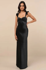 Exuberant Luxury Black Satin Ruffled Lace-Up Maxi Dress