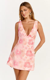 Lima Mini Dress - Plunge Neck Floral Embellished A Line Dress in Pink