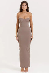 taupe strapless corset maxi dress