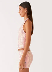 Been That Girl Halter Knit Sequin Top - Iridescent Pink