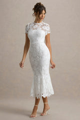 Clarissa | White Lace Short-Sleeve Pleated Midi Dress