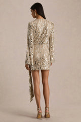 Carmina | Gold Sequin Plunge-Neck Wrap Mini Dress With Sash Detail