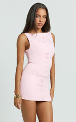 Adela Mini Dress - Mock Button Thru Boat Neck Dress in Pale Pink