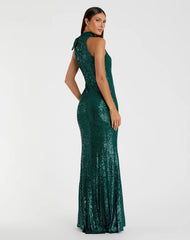 Green Soft Tie Halter Neck Sequin Gown