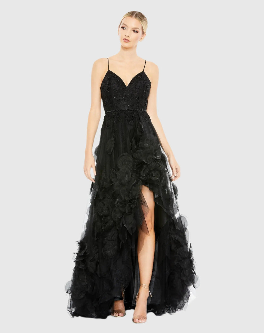 Black Embellished Floral High Low Sleeveless Gown