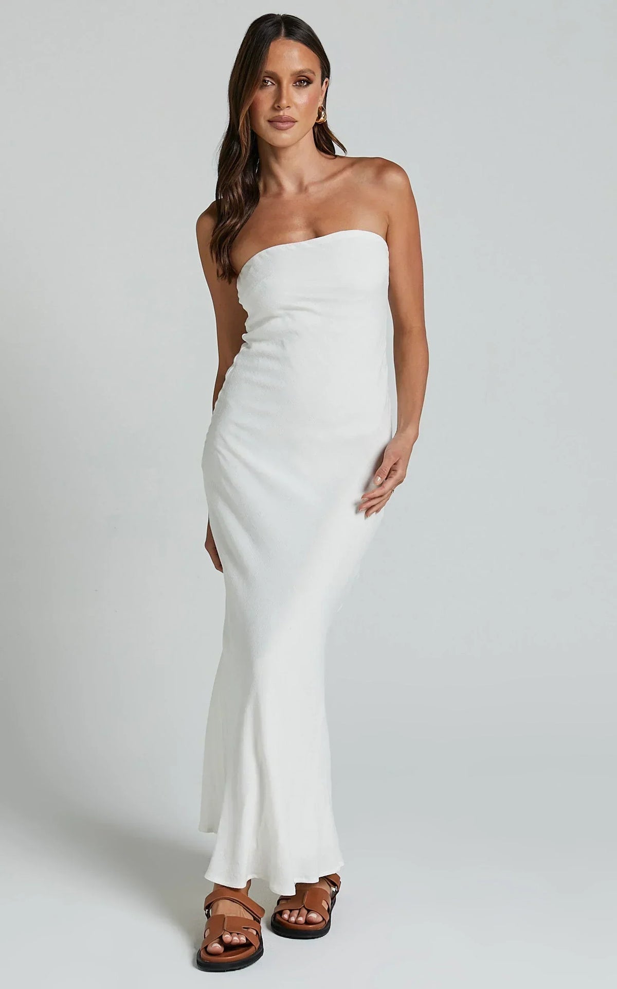 Aaliya Midi Dress - Linen Strapless Slip Dress in Off White