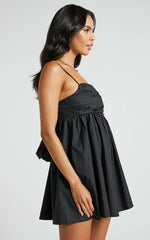 Clover Mini Dress - Back Bow Babydoll Dress in Black
