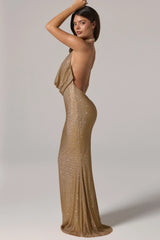 Embellished Cowl-Neck Backless Gown in Gold