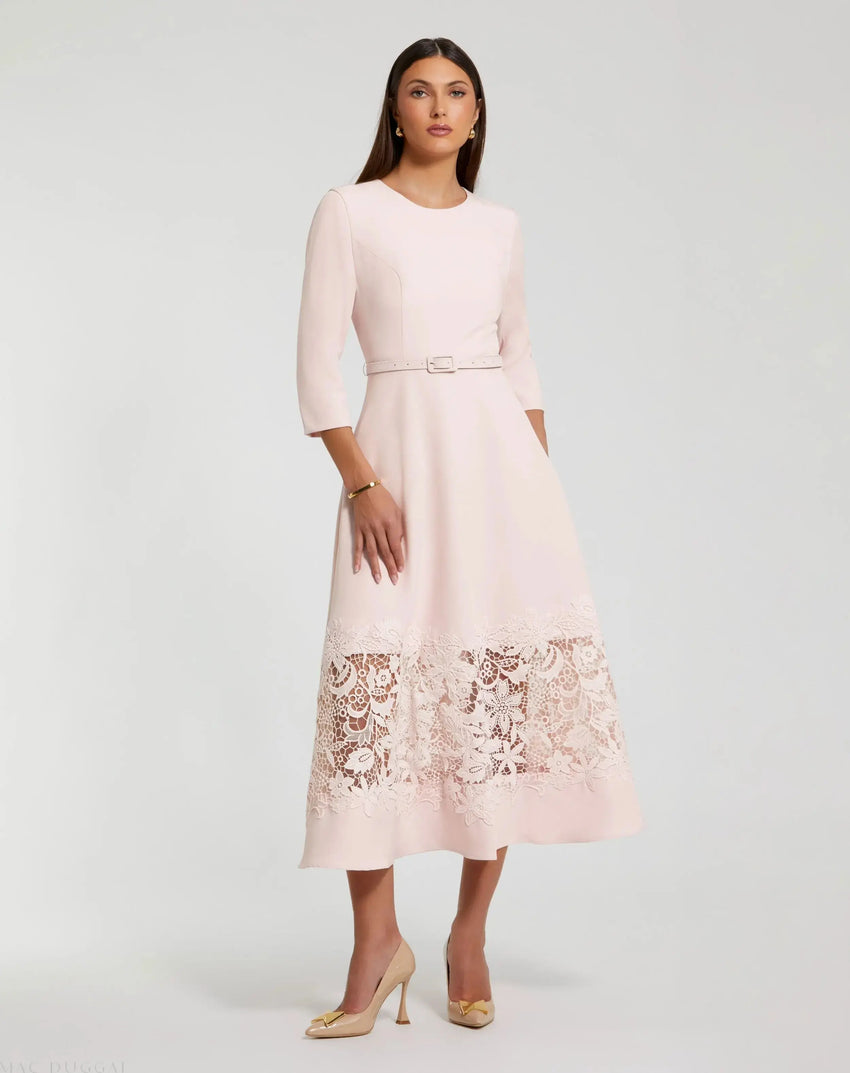 Crepe Boat Neck Midi Dress With Applique Cut Out
