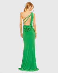 Green Jersey One Shoulder Draped Back Gown