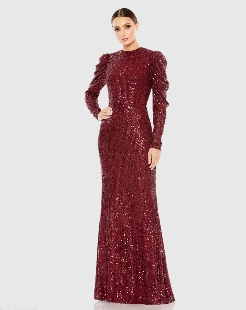 Red Sequined High Neck Puff Long Sleeve Column Gown