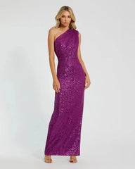 Dark Purple Sequined Ruched One Shoulder Gown