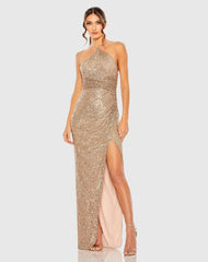 Gold Halter Neck Ruched Side Front Slit Sequin Gown