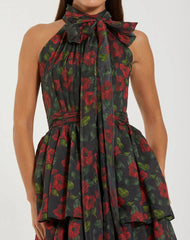Black Floral Chiffon Tiered Midi Dress with Neck Bow