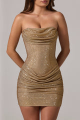 Embellished Bandeau Cowl-Waist Mini Dress in Gold