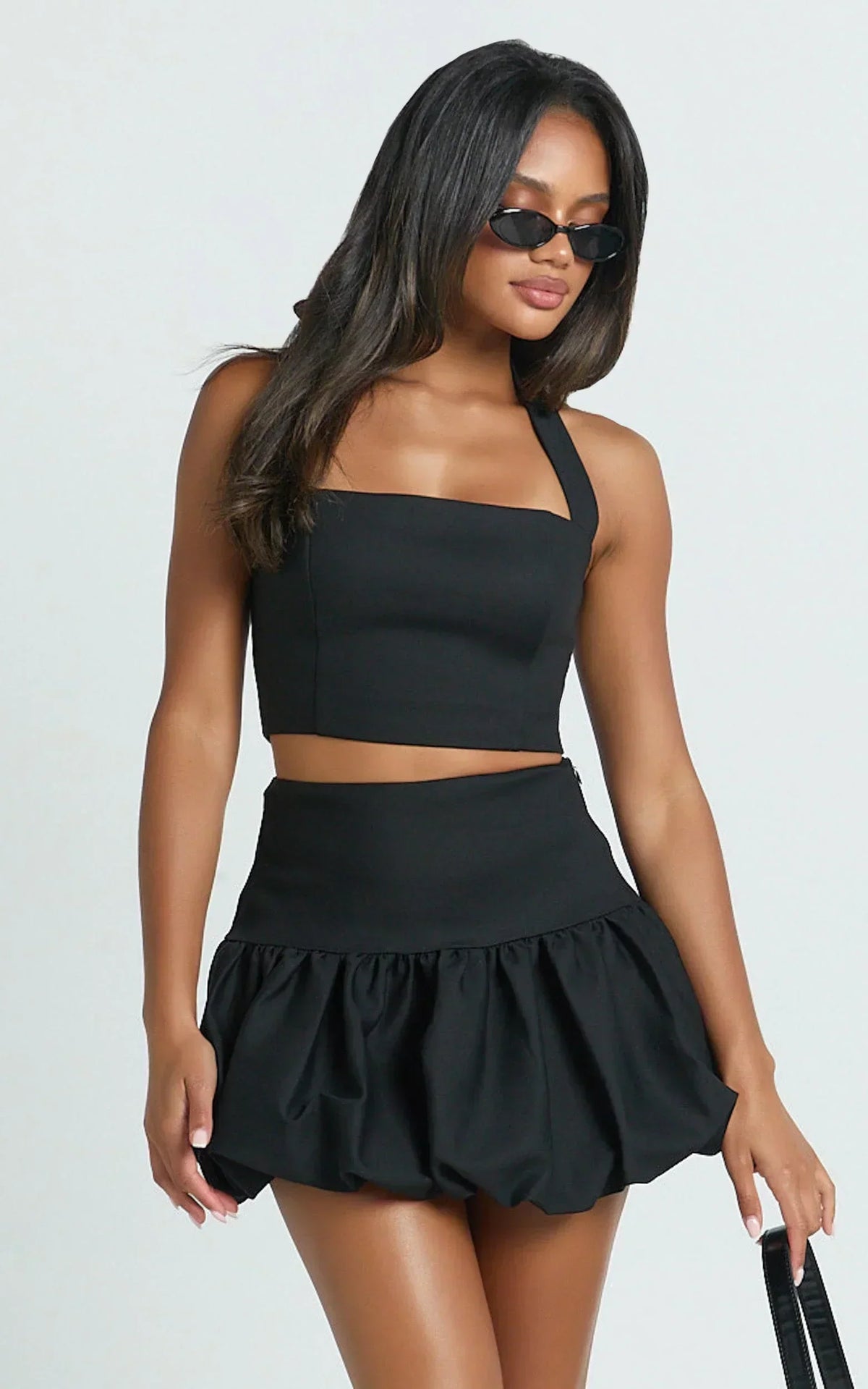Abellina Mini Skirt - High Waist Bubble Hem Skirt in Black
