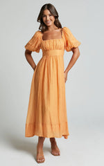 Roshina Midi Dress - Straight Neck Puff Sleeve Dress in Orange