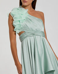 Green Ruffled One Shoulder Cut Out Hi-Low Gown