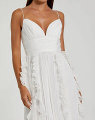 White Pleated Sleeveless Flowy Chiffon Gown
