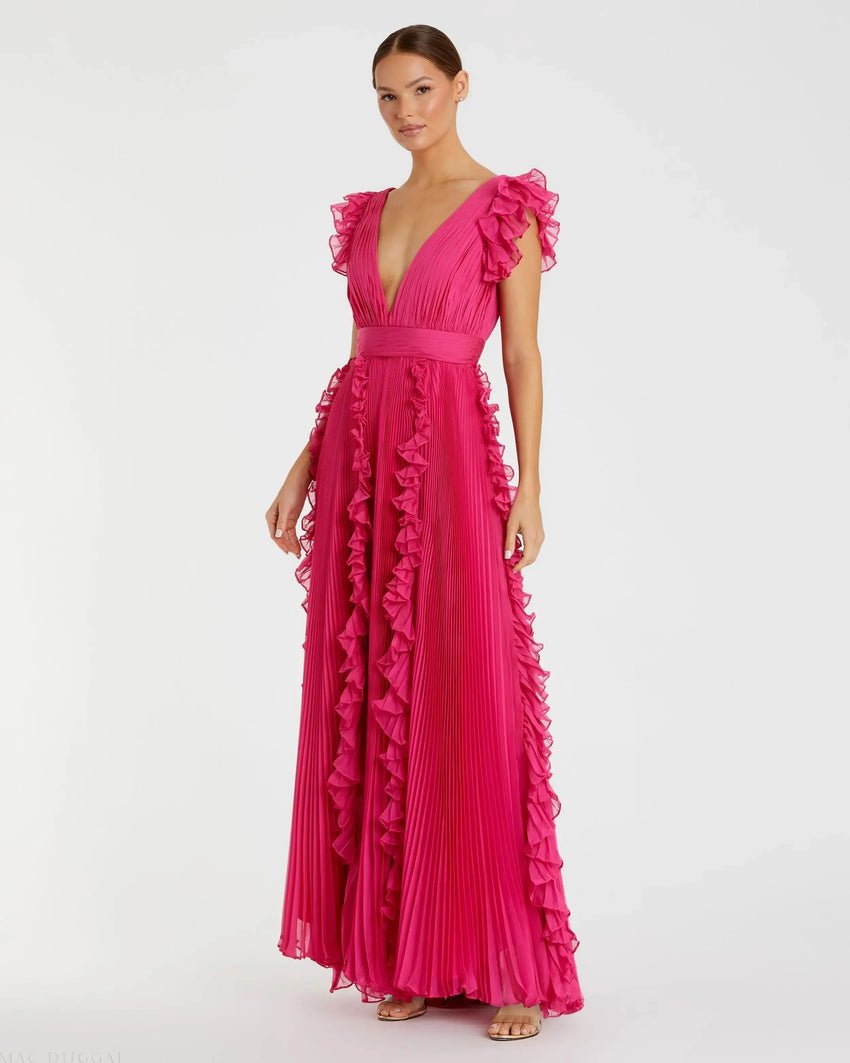 Pleated Ruffle Cap Sleeve Flowy A Line Gown