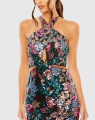 Black Sequin Embellished Cross Neck Gown