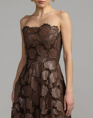 Brown Strapless Floral Leather A-Line Midi Dress