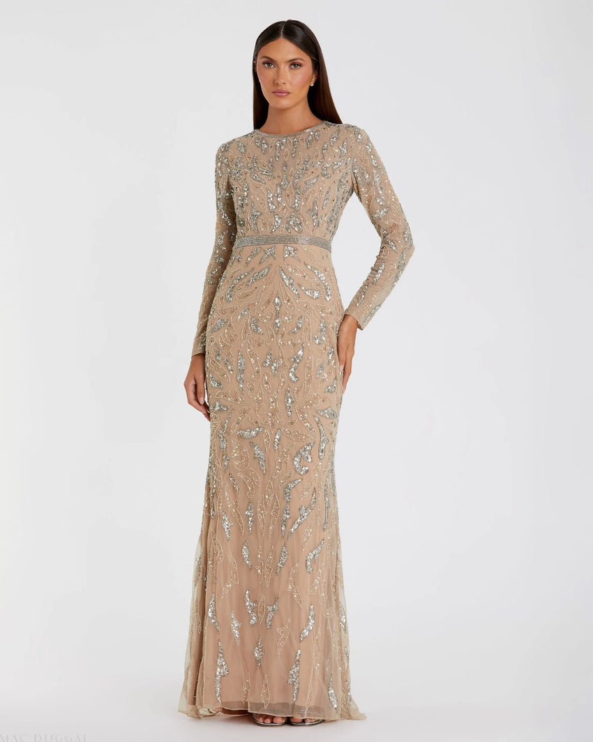 Beige Long Sleeve Beaded Evening Gown