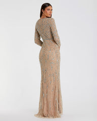 Beige Long Sleeve Beaded Evening Gown