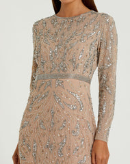 Beige Long Sleeve Beaded Evening Gown