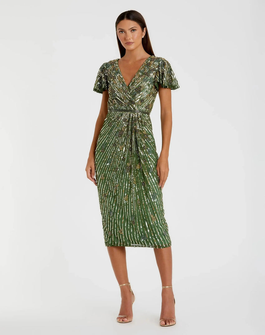 Green Embellished Faux Wrap Flutter Sleeve Dress