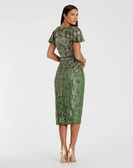 Green Embellished Faux Wrap Flutter Sleeve Dress