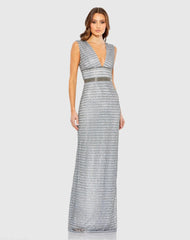 Silver Beaded Cap Sleeve V Neck Column Gown