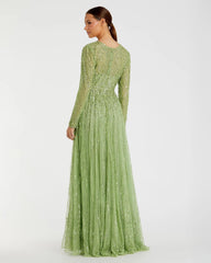 Green Illusion High Neck Long Sleeve Embellished Gown