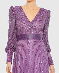 Purple Sequined Wrap Over Bishop Sleeve Gown