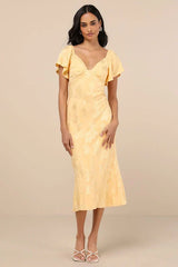 Effervescent Afternoon Yellow Satin Flutter Sleeve Midi Dress