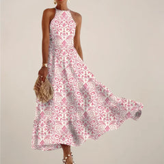 Women’s Printed Halter Neck Maxi Dress – A-Line Flowy Summer Dress