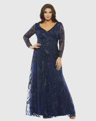 Navy Embellished Illusion Long Sleeve V-Neck A-Line Gown (Plus)
