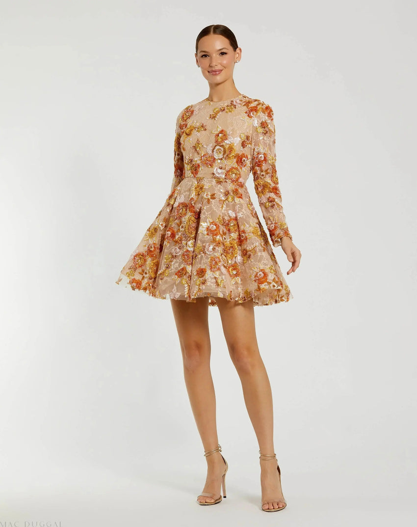 High Neck Long Sleeve Sequin A Line Mini Dress