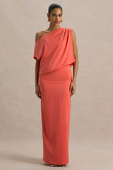Ronnie | Coral Satin Asymmetric-Neck Maxi Dress With Draping Detail