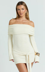 Rhianna Mini Dress - Knitted Off Shoulder Tie Waist Mini Dress in Cream
