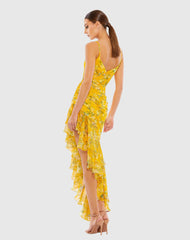 Yellow Floral Chiffon Hi-Low Ruffle Gown