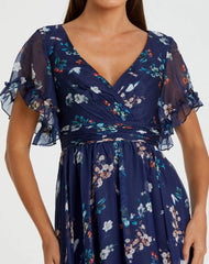 Navy Multicolor Flounce Sleeve Floral Gown
