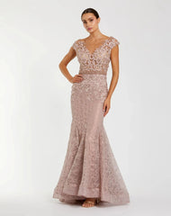 Pink High Neck Shoulder Flower Detail Mermaid Gown