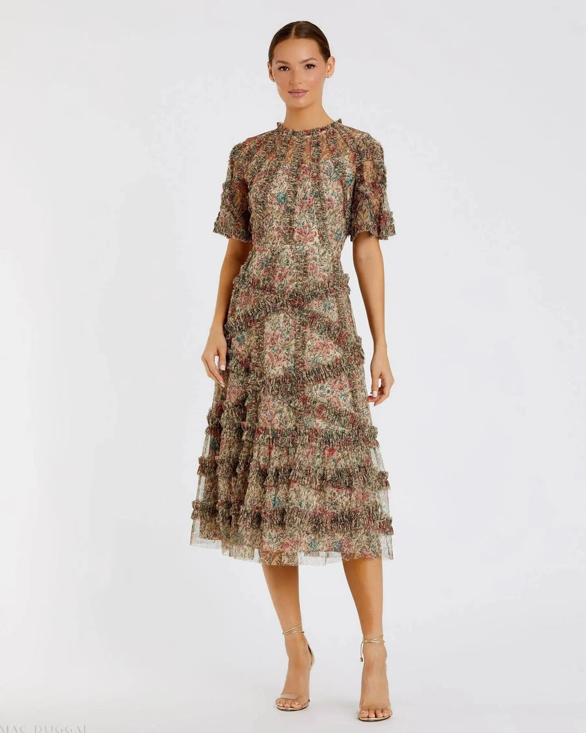 Beige Floral Midi Dress with Ruffle Detailing