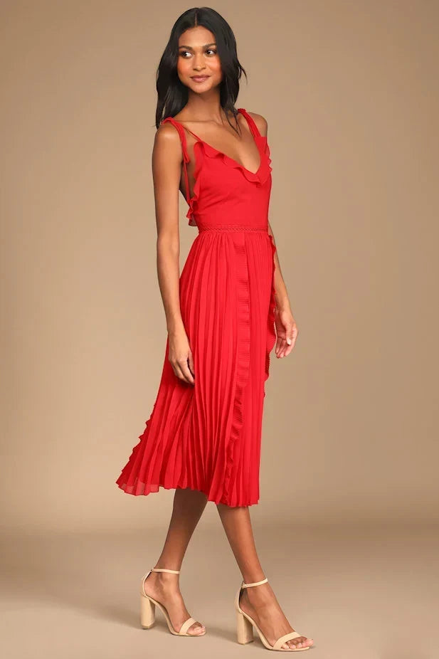 Never a Dull Moment Bright Red Tie-Strap Pleated Midi Dress